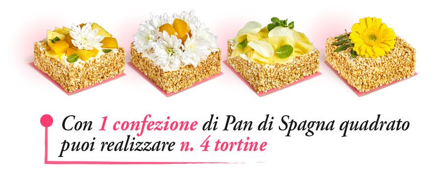 Puoi realizzare 4 tortine quadrate con una confezione di Pan di Spagna Mariarosa