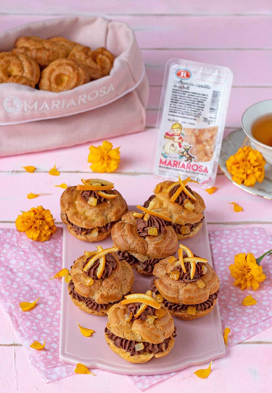 Zeppole con crema al cioccolato e arance candite